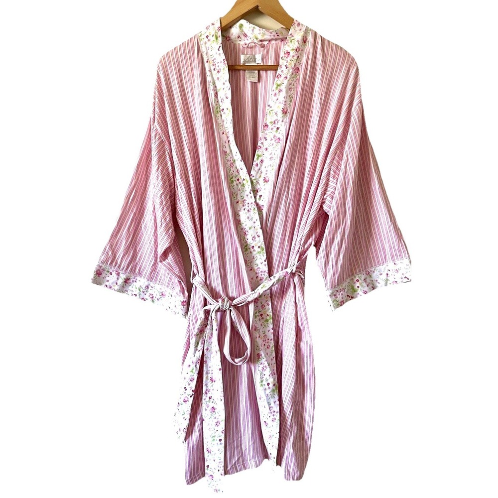 Aria Womens Tie Waist Striped Floral Trim Kimono Robe Size XL  Pockets Cotton